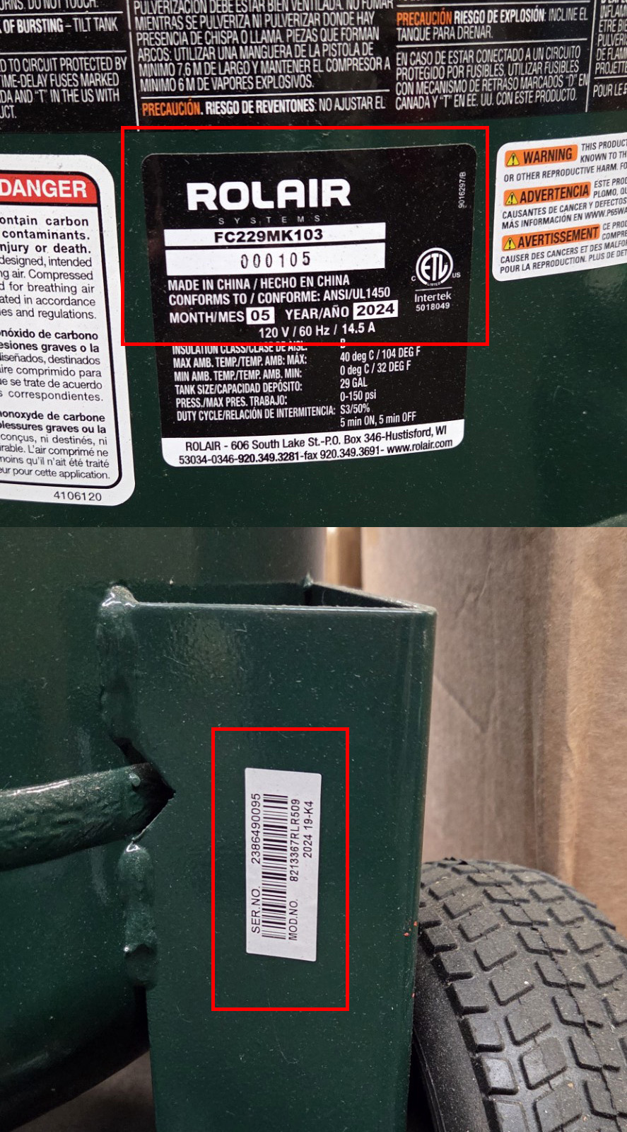 FC229MK103 model and serial number location