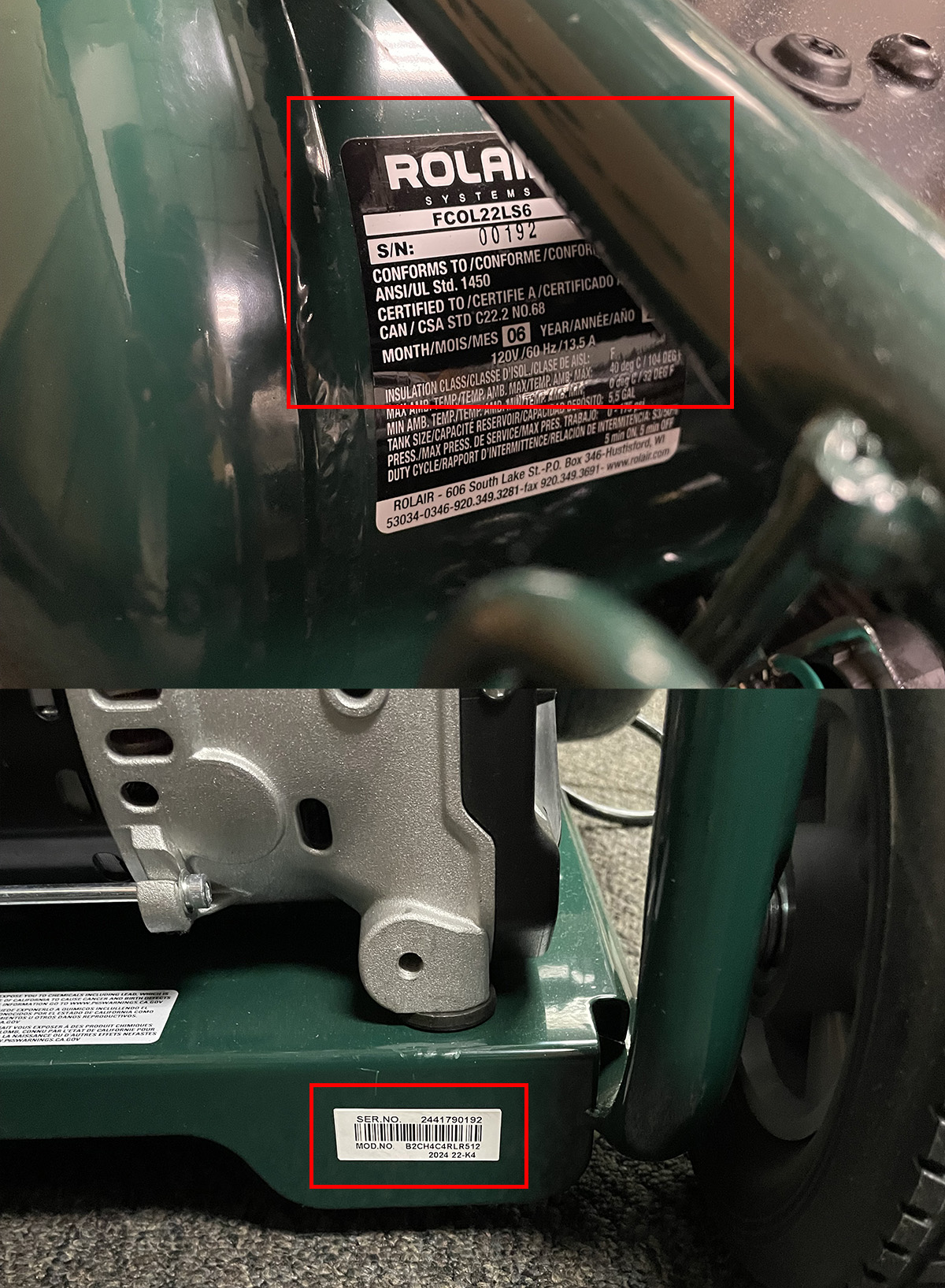 FCOL22LS6 model and serial number location